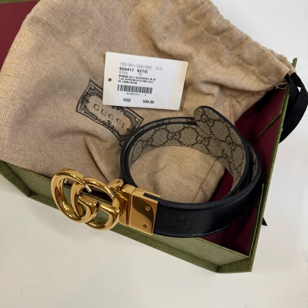 Gucci GG Marmont black gold tan reversible women’s belt - Picture 3 of 13